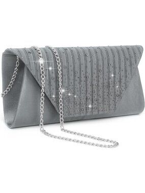 Women Pewter Grey Clutch Purse With Detachable Chain Wedding Formal Evening Bag